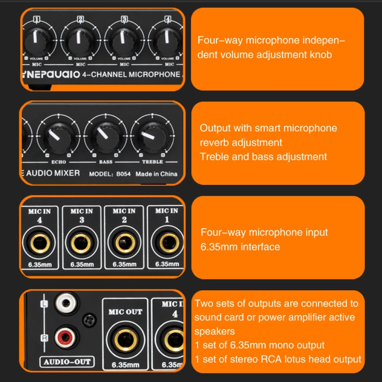 B054 4-Channel Microphone Mixer Support Stereo Output With Reverb Treble And Bass Adjustment, USB 5V Power Supply, US Plug My Store