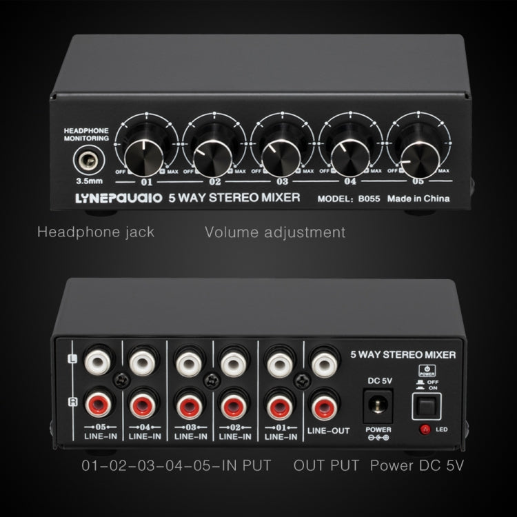 B055 5-Channel Active Stereo Mixer Multi-Channel Mixer with Independent Volume Adjustment  & USB 5V Power Output & Headphone Monitoring, US Plug