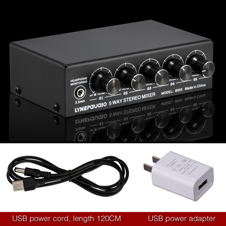 B055 5-Channel Active Stereo Mixer Multi-Channel Mixer with Independent Volume Adjustment  & USB 5V Power Output & Headphone Monitoring, US Plug My Store