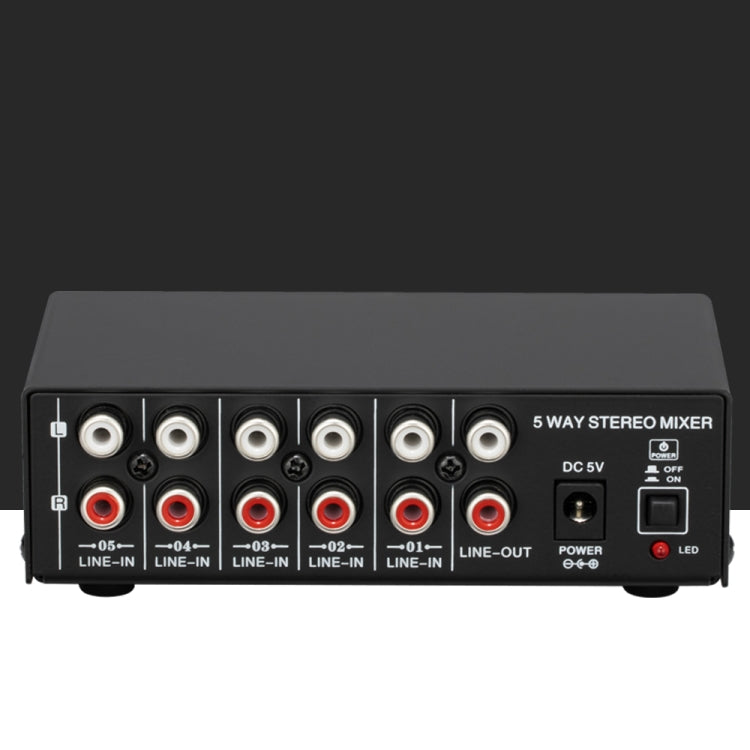 B055 5-Channel Active Stereo Mixer Multi-Channel Mixer with Independent Volume Adjustment  & USB 5V Power Output & Headphone Monitoring, US Plug