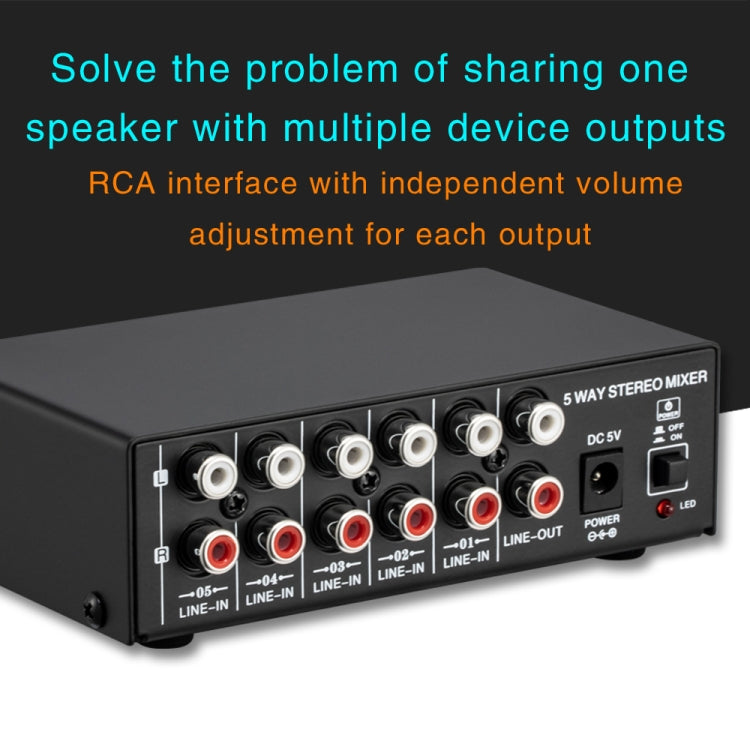 B055 5-Channel Active Stereo Mixer Multi-Channel Mixer with Independent Volume Adjustment  & USB 5V Power Output & Headphone Monitoring, US Plug My Store