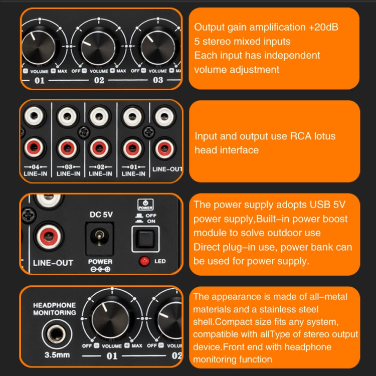 B055 5-Channel Active Stereo Mixer Multi-Channel Mixer with Independent Volume Adjustment  & USB 5V Power Output & Headphone Monitoring, US Plug My Store