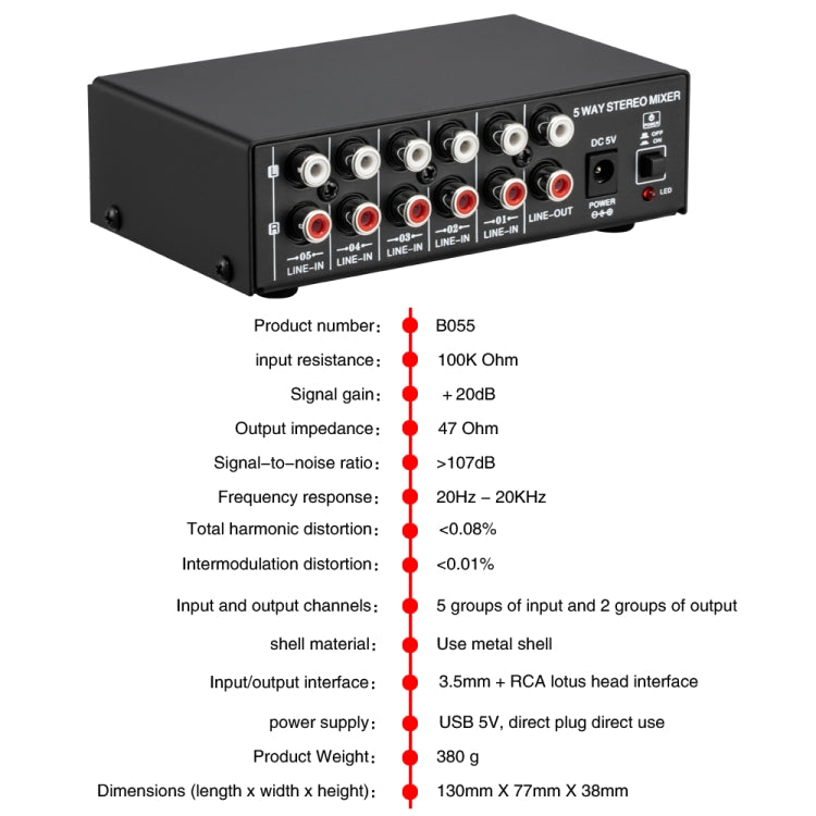 B055 5-Channel Active Stereo Mixer Multi-Channel Mixer with Independent Volume Adjustment  & USB 5V Power Output & Headphone Monitoring, US Plug My Store