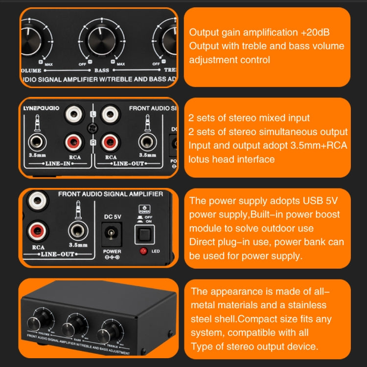 B057 Front Stereo Sound Amplifier Headphone Speaker Amplifier Booster with High And Low Bass Adjustment 2-Way Mixing,  USB 5V Power Supply, US Plug