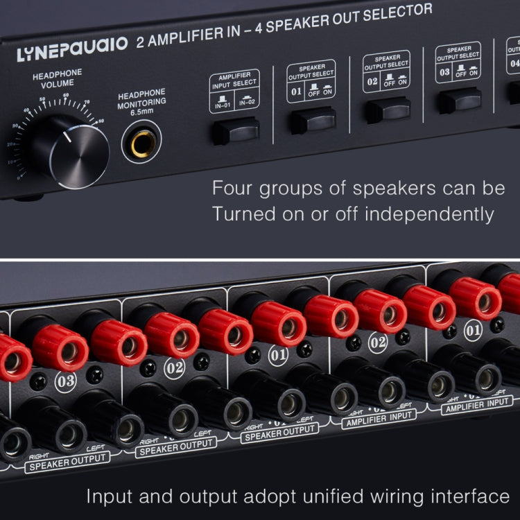 B032 2-in 4-out Power Amplifier Sound Switcher Speaker  Lossless Sound Quality 300W Per Channel Switch Distributor Comparator with Headset Monitoring Function / Audio Input