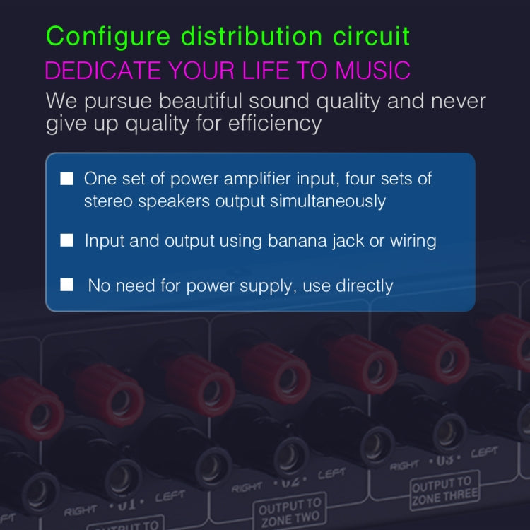 1 In And 4 Out Amplifier Sound Speaker Distributor, 4-Area Sound Source, Signal Distribution Panel, Single Audio Input, 300W Per Channel