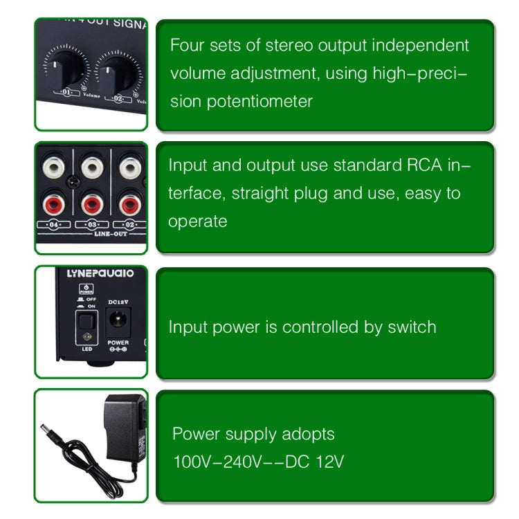 1-In 4-Out Front Stereo Signal Amplifier, Independent Output Volume Adjustment RCA Interface No Loss  Allocator, US Plug