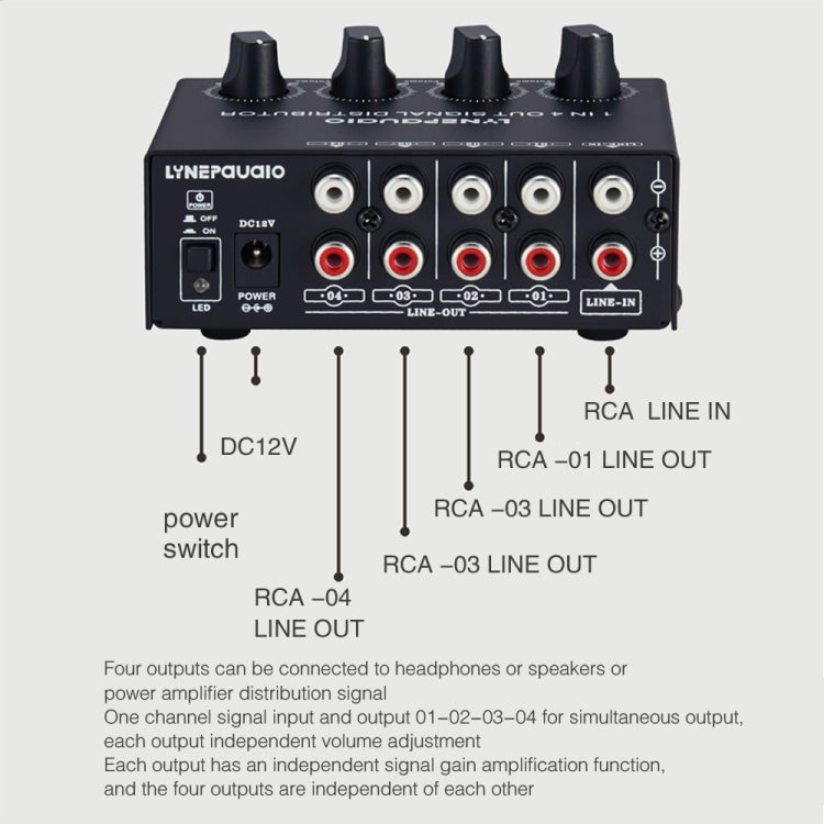 1-In 4-Out Front Stereo Signal Amplifier, Independent Output Volume Adjustment RCA Interface No Loss  Allocator, US Plug