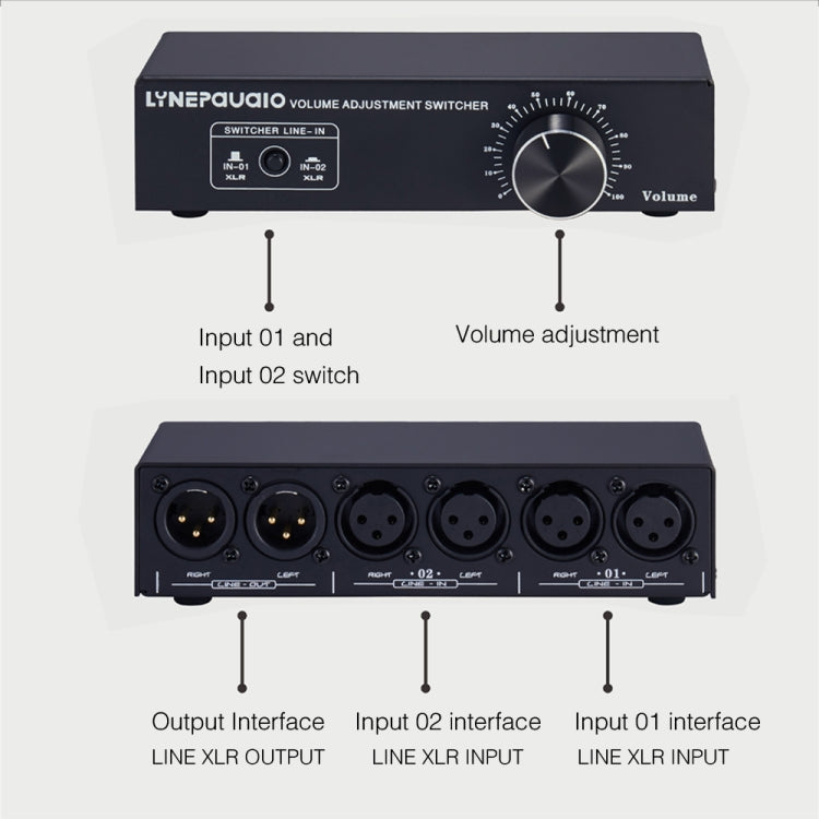 2-In 1-Out XLR Switcher Fully Balanced Passive Pre-Active Speaker Lossless Volume Control Switcher