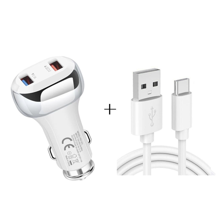 YSY-312 2 in 1 18W Portable QC3.0 Dual USB Car Charger + 1m 3A USB to USB-C / Type-C Data Cable Set