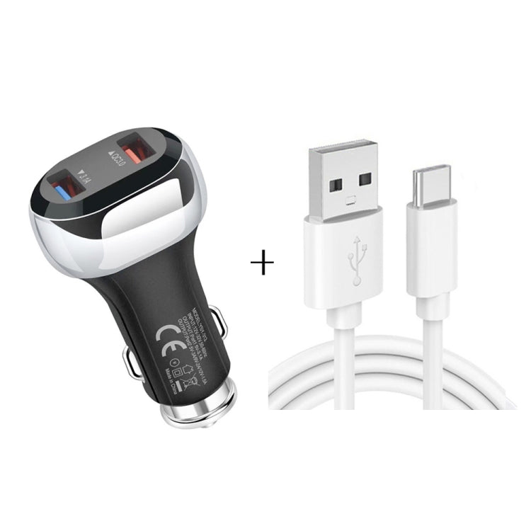 YSY-312 2 in 1 18W Portable QC3.0 Dual USB Car Charger + 1m 3A USB to USB-C / Type-C Data Cable Set ÎҵÄÉ̵ê