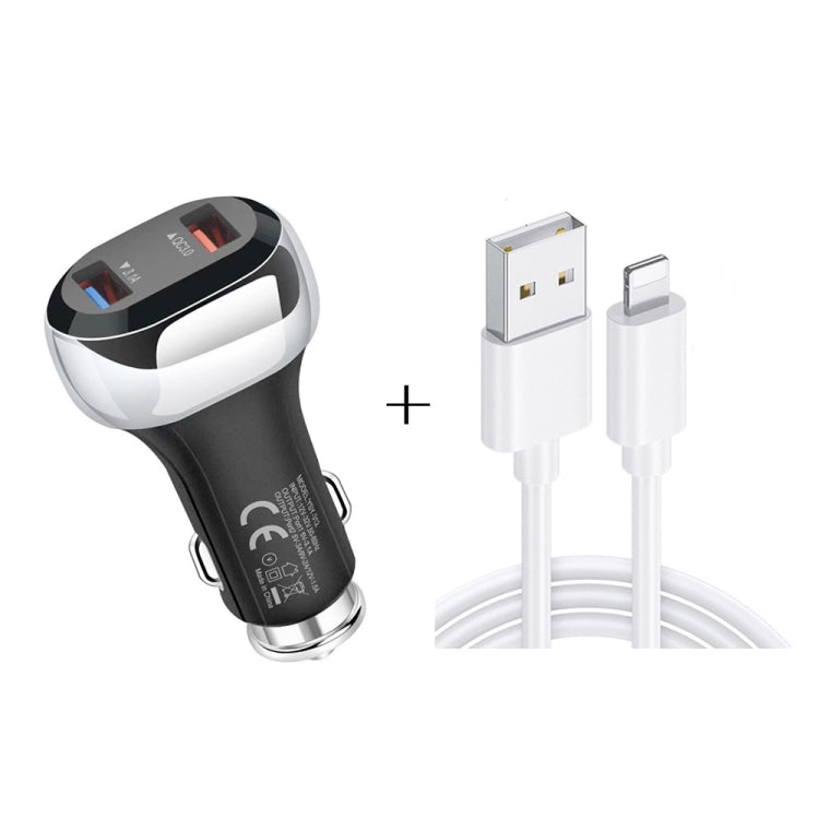 YSY-312 2 in 1 18W Portable QC3.0 Dual USB Car Charger + 1m 3A USB to 8 Pin Data Cable Set