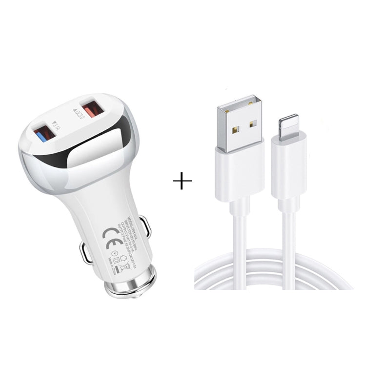 YSY-312 2 in 1 18W Portable QC3.0 Dual USB Car Charger + 1m 3A USB to 8 Pin Data Cable Set