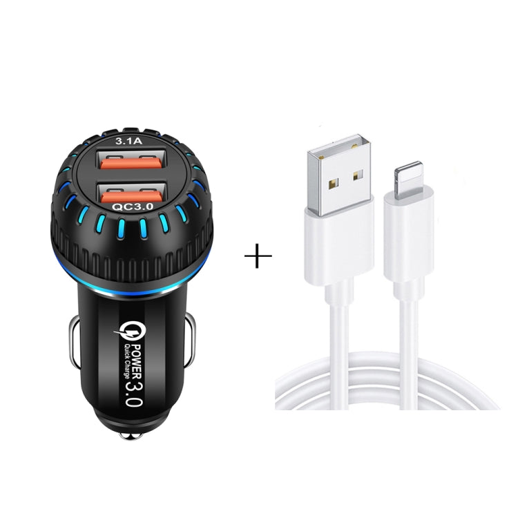 YSY-349 QC3.0 Dual Port USB Car Charger + 3A USB to 8 Pin Data Cable, Length: 1m