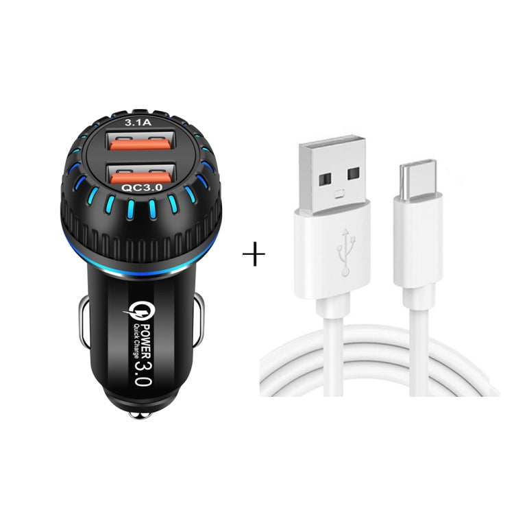 YSY-349 QC3.0 Dual Port USB Car Charger + 3A USB to USB-C / Type-C Data Cable, Length: 1m