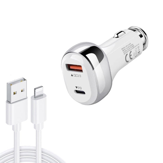 YSY-312PD QC3.0 18W USB + PD 20W USB-C / Type-C Car Charger with USB to 8 Pin Data Cable