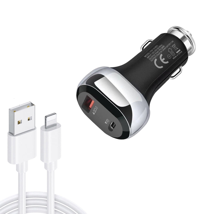 YSY-312PD QC3.0 18W USB + PD 20W USB-C / Type-C Car Charger with USB to 8 Pin Data Cable