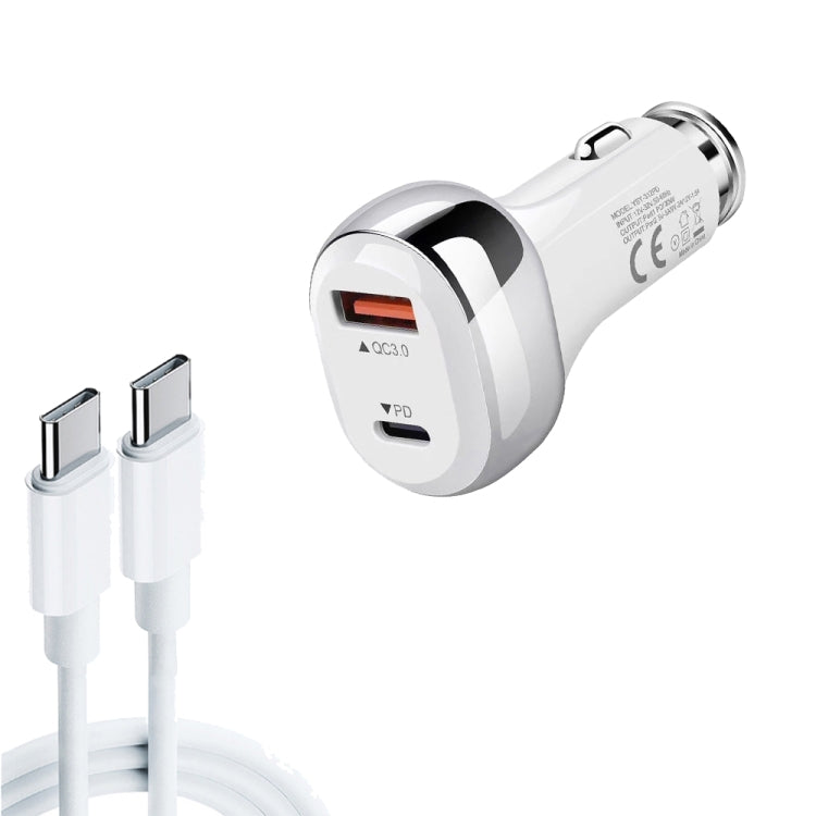 YSY-312PD QC3.0 18W USB + PD 20W USB-C / Type-C Car Charger with Type-C to Type-C Data Cable