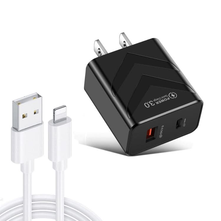 LZ-715 20W PD + QC 3.0 Dual Ports Fast Charging Travel Charger with USB to 8 Pin Data Cable, US Plug