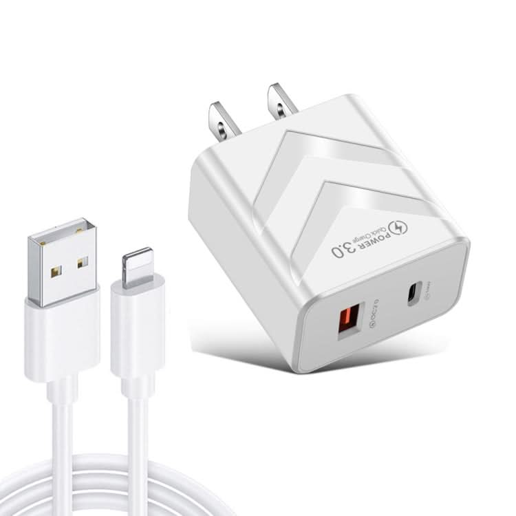 LZ-715 20W PD + QC 3.0 Dual Ports Fast Charging Travel Charger with USB to 8 Pin Data Cable, US Plug