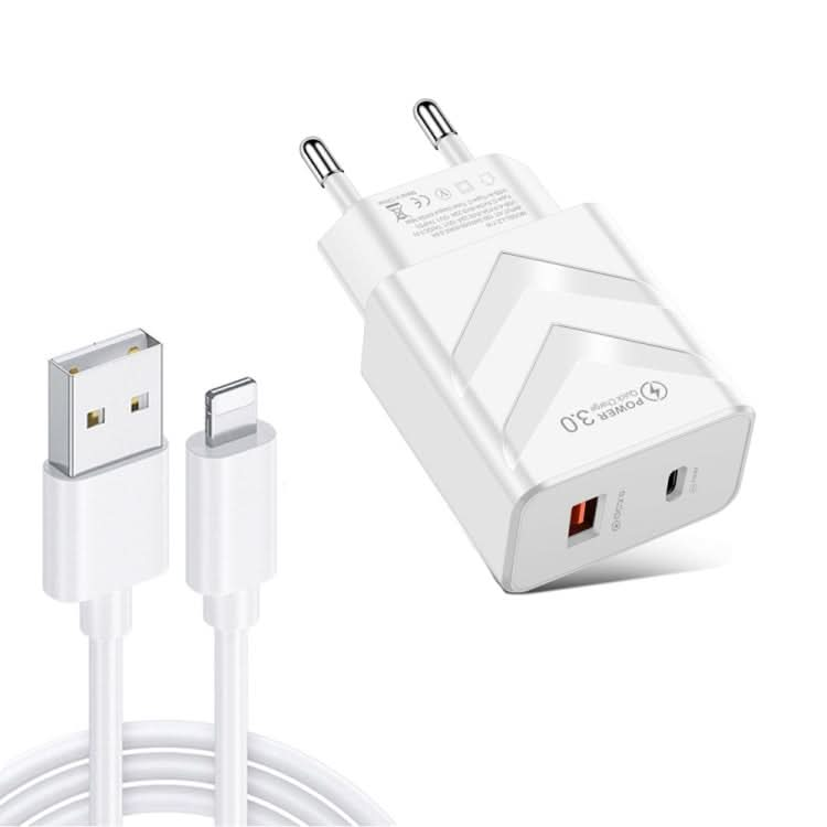 LZ-715 20W PD + QC 3.0 Dual-port Fast Charge Travel Charger with USB to 8 Pin Data Cable, EU Plug