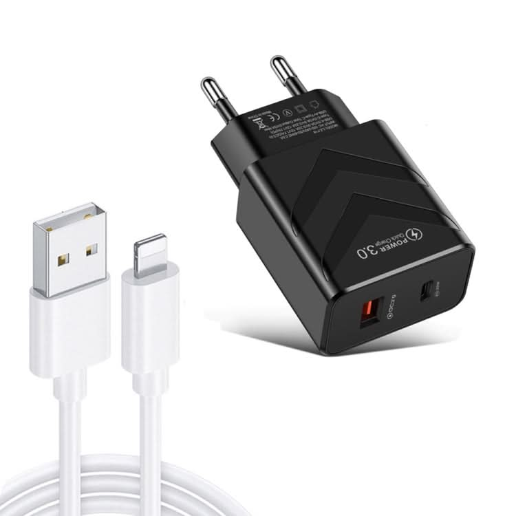 LZ-715 20W PD + QC 3.0 Dual-port Fast Charge Travel Charger with USB to 8 Pin Data Cable, EU Plug