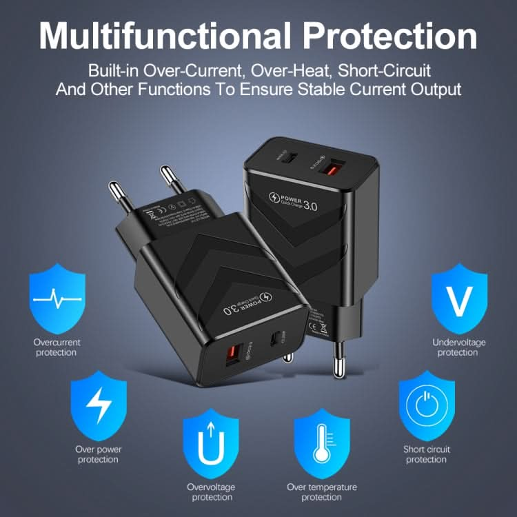 LZ-715 20W PD + QC 3.0 Dual-port Fast Charge Travel Charger with USB to 8 Pin Data Cable, EU Plug