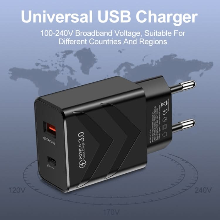 LZ-715 20W PD + QC 3.0 Dual-port Fast Charge Travel Charger with USB to 8 Pin Data Cable, EU Plug