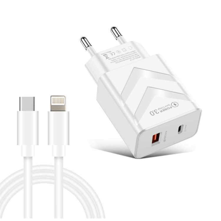 LZ-715 20W PD + QC 3.0 Dual Ports Fast Charging Travel Charger with USB-C / Type-C to 8 Pin Data Cable, EU Plug