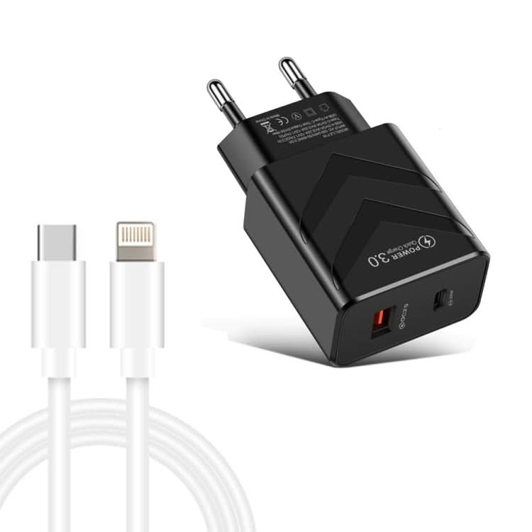 LZ-715 20W PD + QC 3.0 Dual Ports Fast Charging Travel Charger with USB-C / Type-C to 8 Pin Data Cable, EU Plug