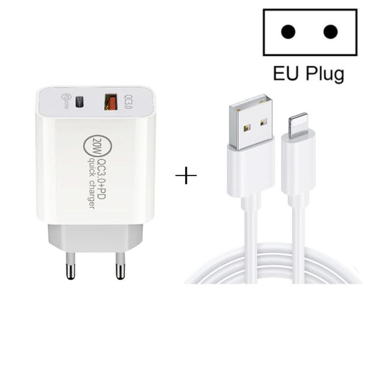 20W PD Type-C + QC 3.0 USB Interface Fast Charging Travel Charger with USB to 8 Pin Fast Charge Data Cable