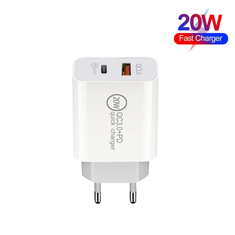 20W PD Type-C + QC 3.0 USB Interface Fast Charging Travel Charger with USB to 8 Pin Fast Charge Data Cable