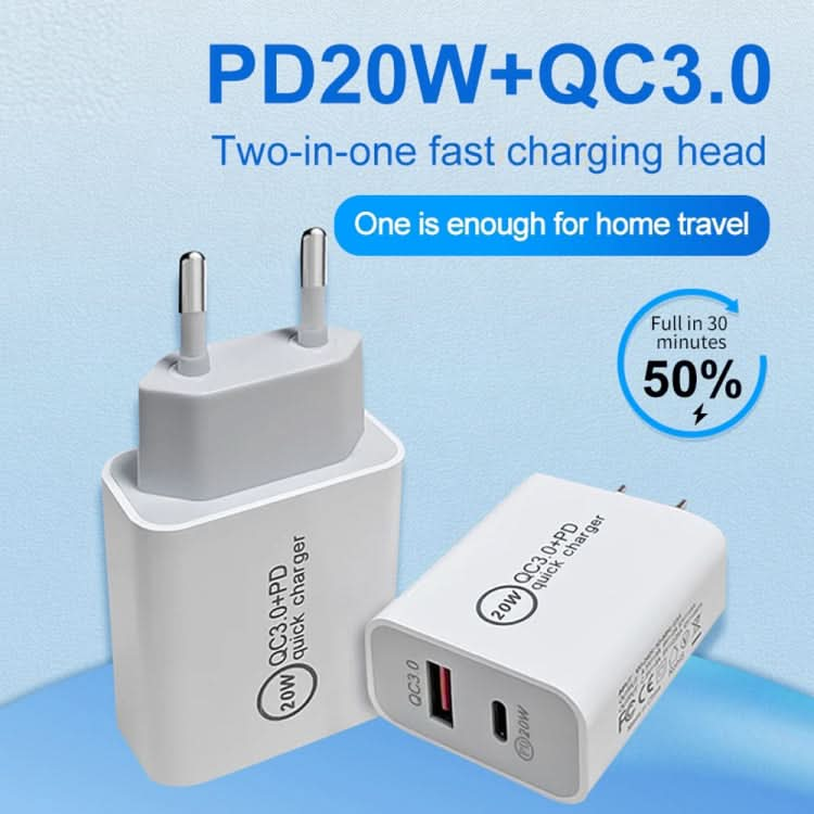 20W PD Type-C + QC 3.0 USB Interface Fast Charging Travel Charger with USB to 8 Pin Fast Charge Data Cable