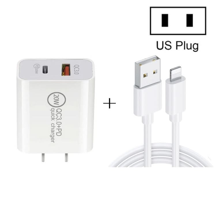 20W PD Type-C + QC 3.0 USB Interface Fast Charging Travel Charger with USB to 8 Pin Fast Charge Data Cable