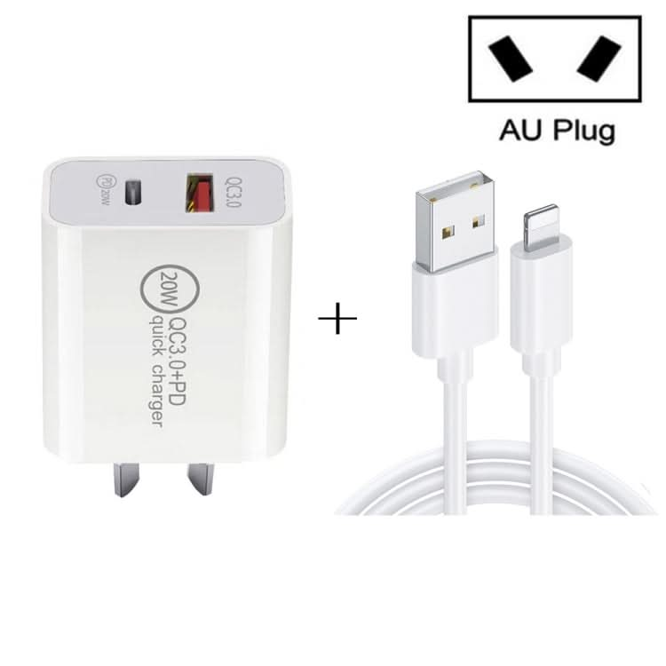 20W PD Type-C + QC 3.0 USB Interface Fast Charging Travel Charger with USB to 8 Pin Fast Charge Data Cable