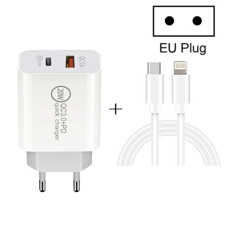 20W PD Type-C + QC 3.0 USB Interface Fast Charging Travel Charger with USB-C / Type-C to 8 Pin Fast Charge Data Cable