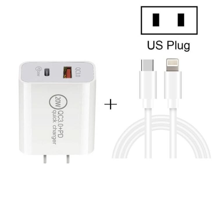 20W PD Type-C + QC 3.0 USB Interface Fast Charging Travel Charger with USB-C / Type-C to 8 Pin Fast Charge Data Cable