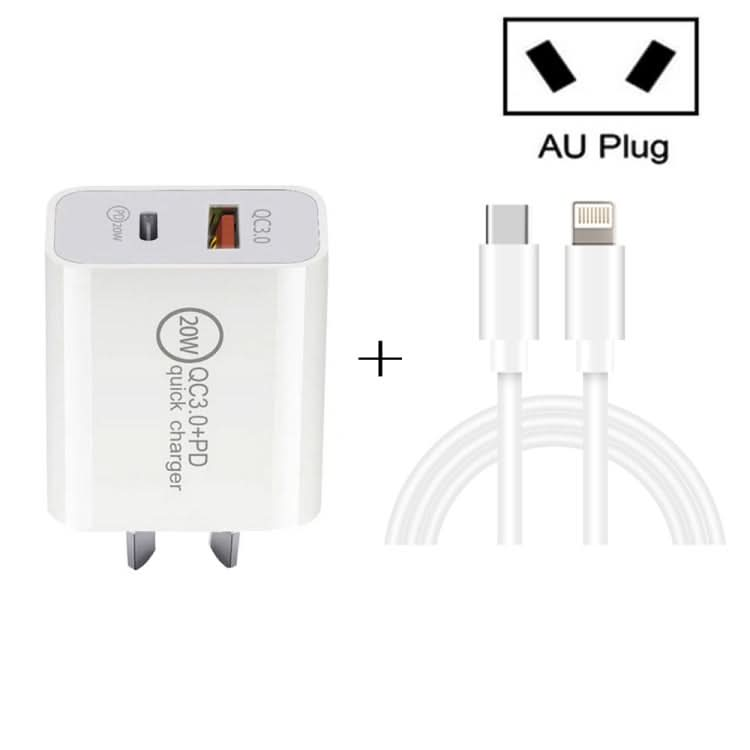 20W PD Type-C + QC 3.0 USB Interface Fast Charging Travel Charger with USB-C / Type-C to 8 Pin Fast Charge Data Cable