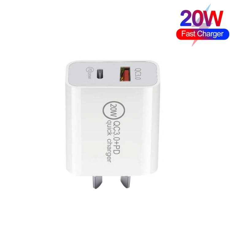 20W PD Type-C + QC 3.0 USB Interface Fast Charging Travel Charger with USB-C / Type-C to 8 Pin Fast Charge Data Cable