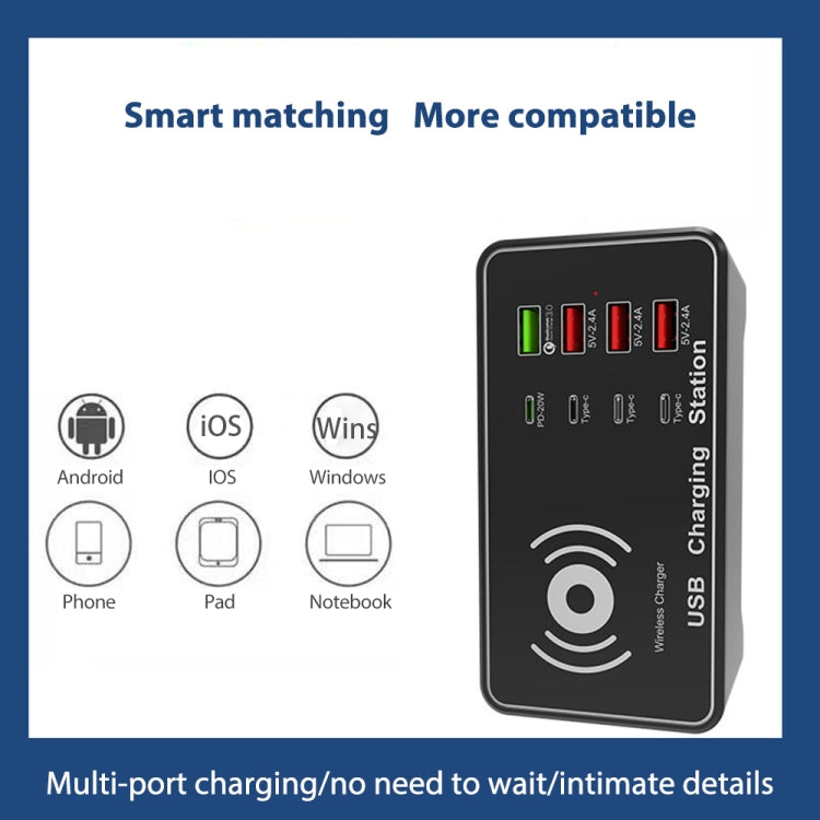 A7 Hochleistungs-100-W-4 x PD 20 W + QC3.0-USB-Ladegerät + 15-W-Qi-Wireless-Ladegerät Smart-Ladestation mit mehreren Anschlüssen