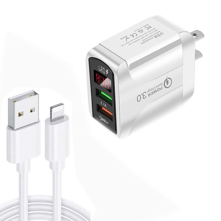 F002C QC3.0 USB + USB 2.0 LED Digital Display Fast Charger with USB to 8 Pin Data Cable, US Plug