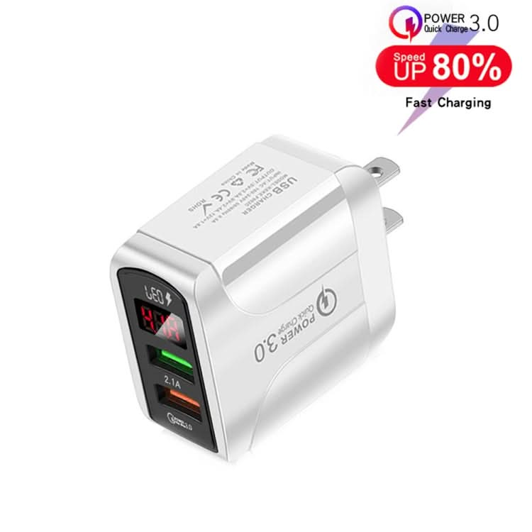 F002C QC3.0 USB + USB 2.0 LED Digital Display Fast Charger with USB to 8 Pin Data Cable, US Plug