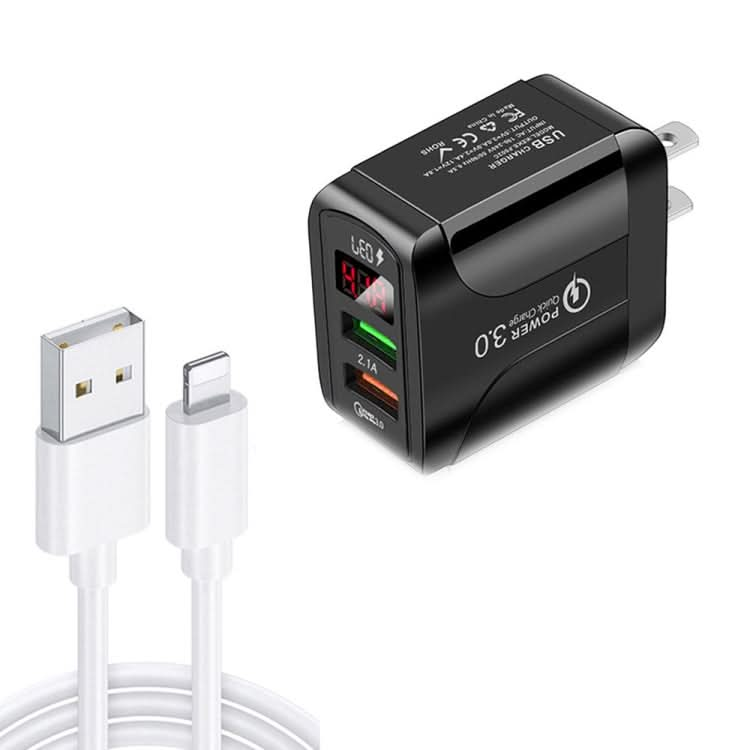 F002C QC3.0 USB + USB 2.0 LED Digital Display Fast Charger with USB to 8 Pin Data Cable, US Plug