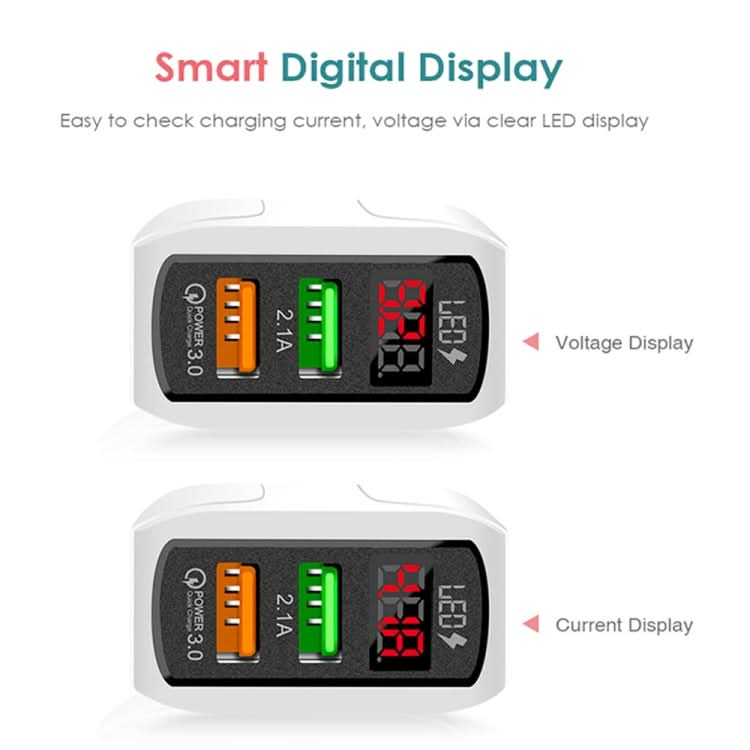 F002C QC3.0 USB + USB 2.0 LED Digital Display Fast Charger with USB to 8 Pin Data Cable, US Plug