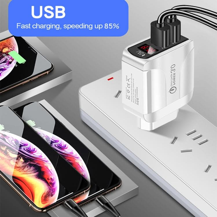 F002C QC3.0 USB + USB 2.0 LED Digital Display Fast Charger with USB to 8 Pin Data Cable, US Plug