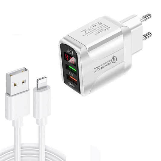 F002C QC3.0 USB + USB 2.0 LED Digital Display Fast Charger with USB to 8 Pin Data Cable, EU Plug