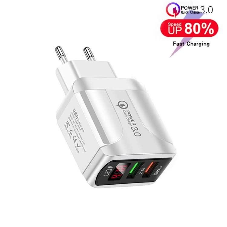 F002C QC3.0 USB + USB 2.0 LED Digital Display Fast Charger with USB to 8 Pin Data Cable, EU Plug