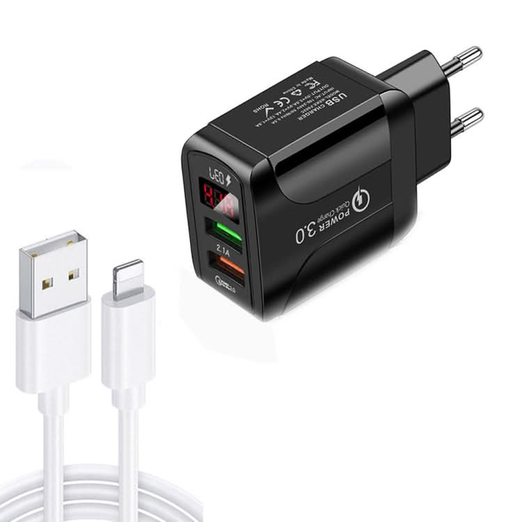 F002C QC3.0 USB + USB 2.0 LED Digital Display Fast Charger with USB to 8 Pin Data Cable, EU Plug