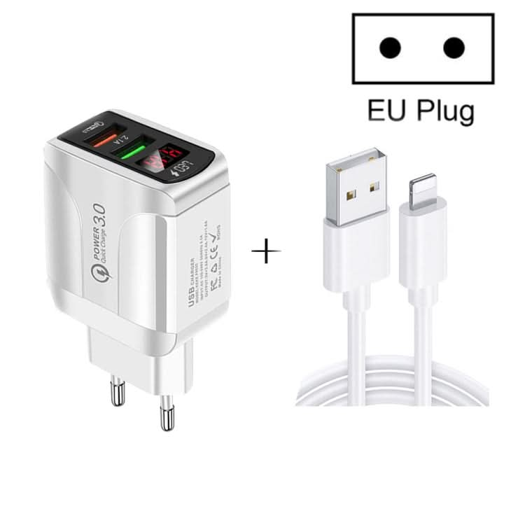 F002C QC3.0 USB + USB 2.0 LED Digital Display Fast Charger with USB to 8 Pin Data Cable, EU Plug