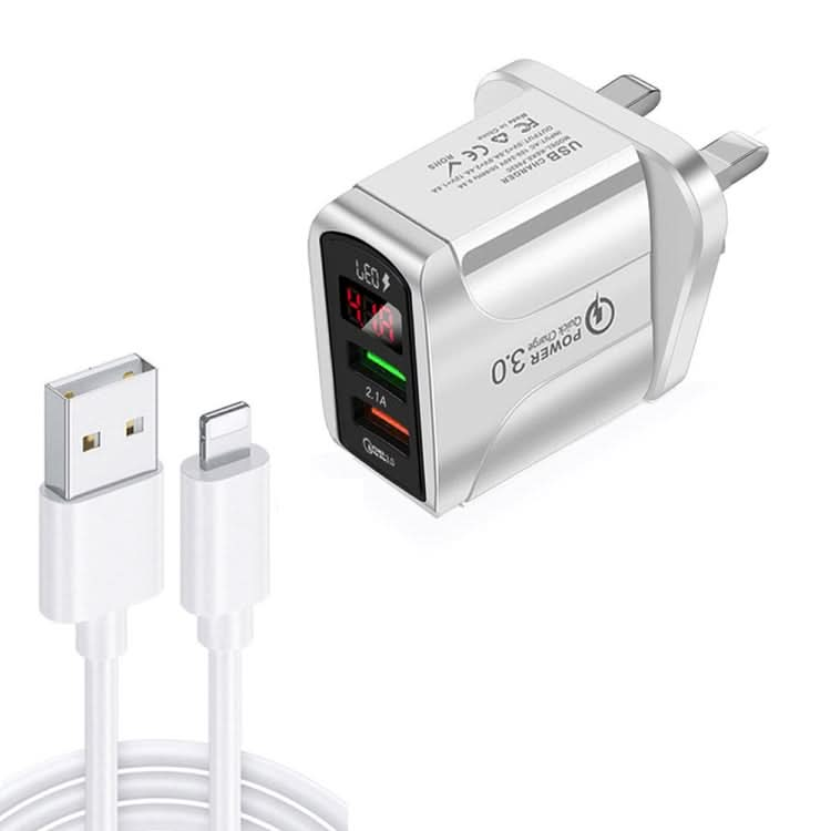 F002C QC3.0 USB + USB 2.0 LED Digital Display Fast Charger with USB to 8 Pin Data Cable, UK Plug